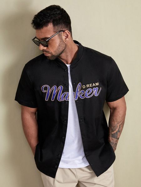 

extended sizes men letter graphic baseball collar shirt m2ek#, White;black