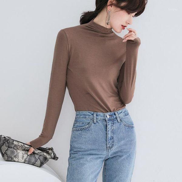

basis spring autumn half a turtle neck long sleeve harajuku graphic tees t shirt women solid casual ladies bottoming y1636a1, White