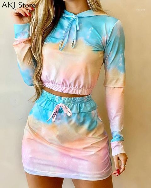 

women tie dye hooded crop hoodies skirt set1, Gray