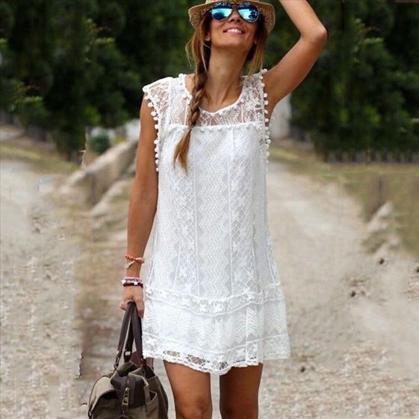 

summer sleeveless white lace women elegant pom pom trim floral hollow out mini short dress, Black;gray