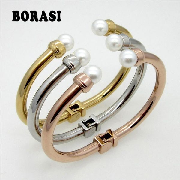 

new fashion brand women pearl bracelets titanium steel cuff bangles ipg gold color bracelet lady the gift of love, Black