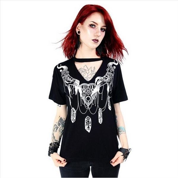 

witch t shirt women gothic punk black girls magic shirt v neck witch style short sleeve ladies tshirt plus size, White