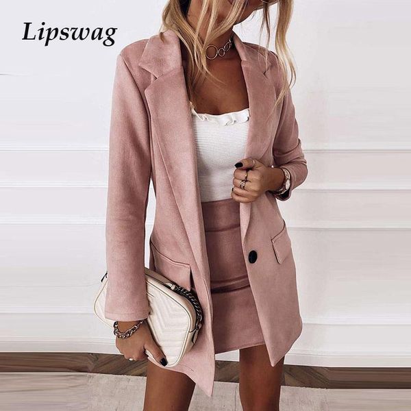 

elegant blazer + mini skirt sets women autumn turn-down collar slim solid jacket suit office lady button long sleeve coat outfit, Gray