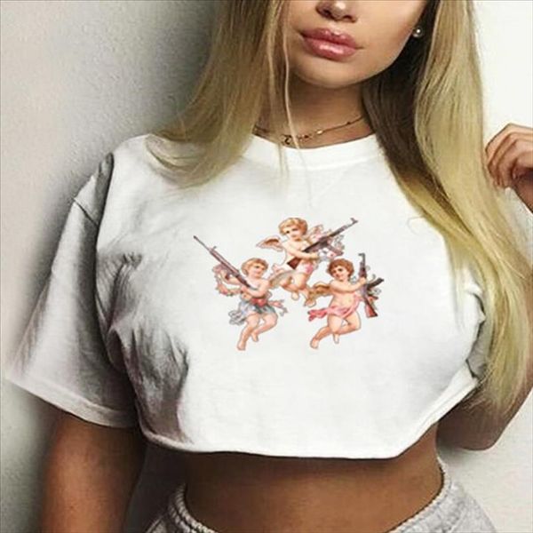 

fashion angel cupid print crop 2020 summer women short sleeve o neck loose t shirts tees female streetwear, White