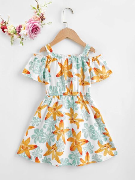 

toddler girls floral print frill trim cold shoulder dress she, Red;yellow