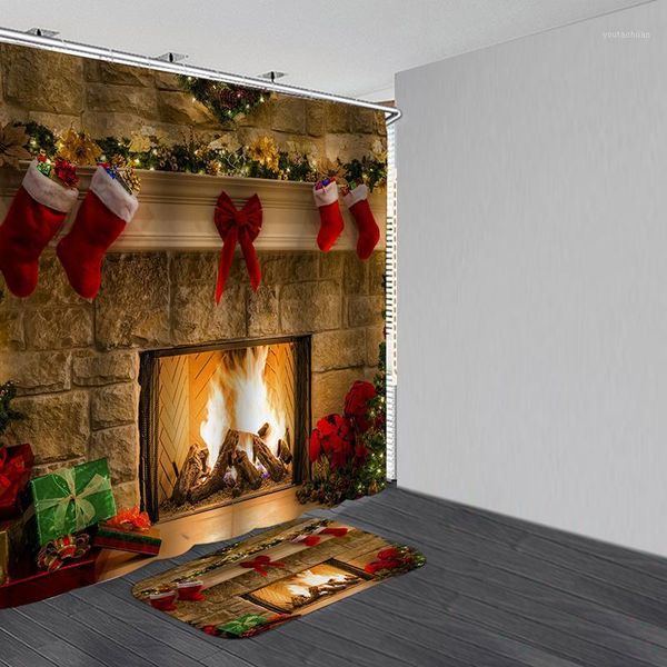 

shower curtains christmas background merry fireplace pattern curtain bath mats1