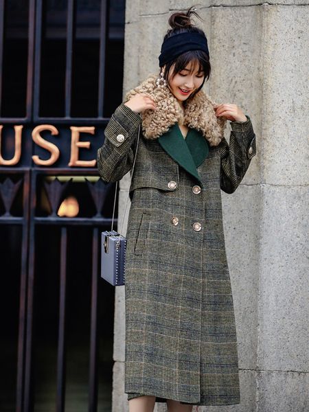 

fur female winter collar wool real women woolen korean and jackets long jacket coat coats my ocquc, Black