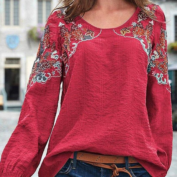 

vintage embroidered blouse autumn long sleeve cotton linen shirts female o-neck blusas casaul femininas tunic daily mujer, White