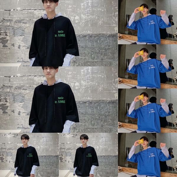 

qg0v5 ins супер trendmen жарко trendmen подделка два кусок полосатый и ins супер hoodie рубашки горячей рубашка толстовка полосатая кусок дв, Black