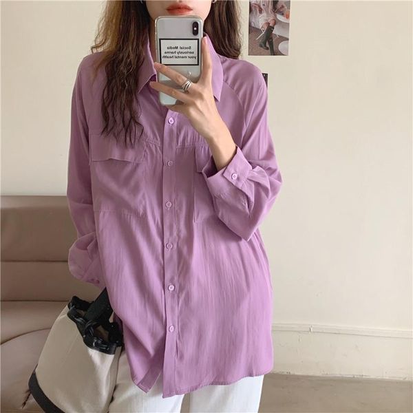 

women's blouses & shirts 2021 korean autumn simple double pocket lapel ladies shirt loose casual blouse women, White