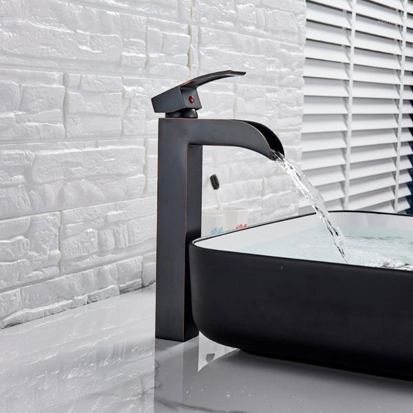 Rubinetti per lavandino del bagno Rubinetto per lavabo a cascata diffuso Miscelatore per lavabo in bronzo nero con montaggio su piano Miscelatore da appoggio con foro singolo1