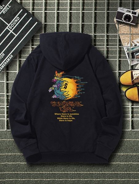 

men slogan & floral print kangaroo pocket hoodie o6go#, Black