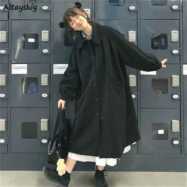 

women's wool & blends women all-match teens tender leisure elegant daily pure pockets single breasted thicker female clothes overcoat, Black
