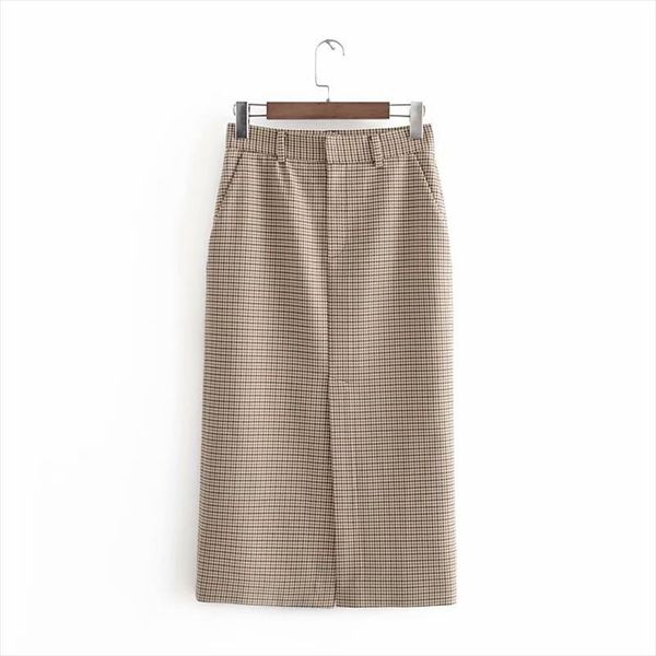 

women elegant houndstooth plaid midi skirt zipper fly pockets split checkered female office wear chic skirts, Black