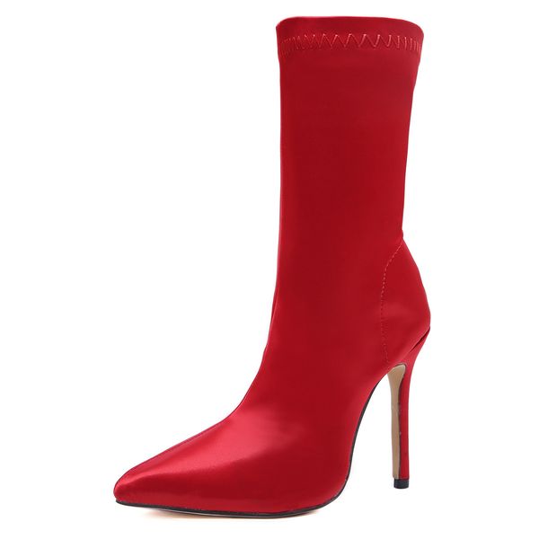 

womens dress shoes high heels european and american star models women boots short red blue pointed toe satin stretch cloth socks ankle boots, Black