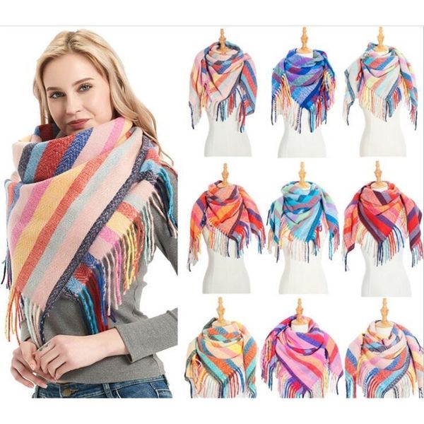 

european and american new loop yarn striped plaid polyester long tassel scarf scarf for women and men's neck shawl y201007, Blue;gray