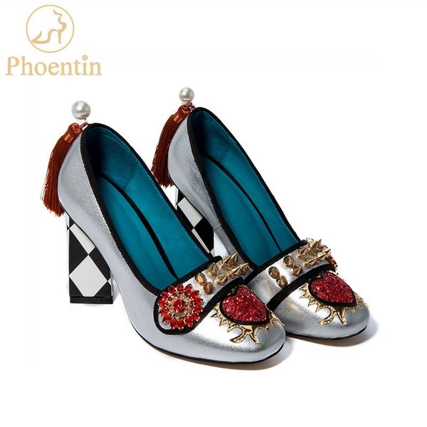 

phoentin tassel women's shoes from genuine leather rivet woman heels 5.5cm & 8cm 2019 crystal flower slip on pumps ladies ft621 t200525, Black