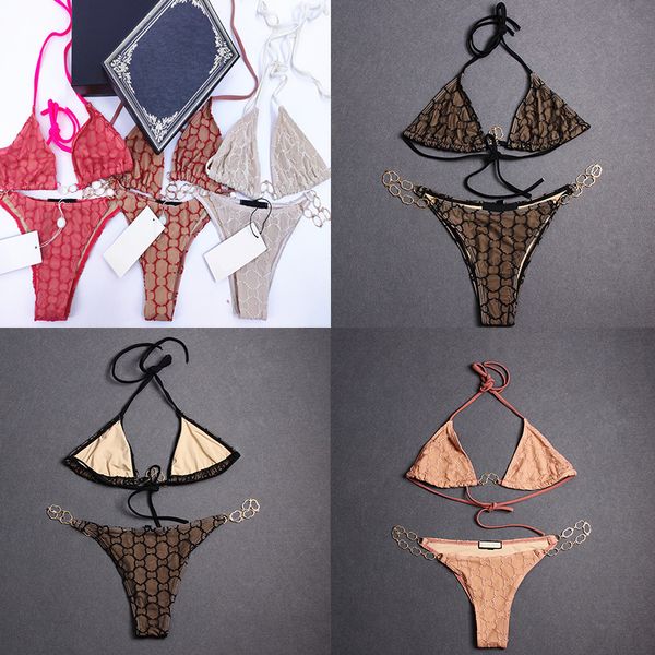 Sexy Mesh Stickerei Bikini Bikini Bikinkleidung Doppelbuchstaben Metallkette Badeanzug Frauen Sommerbadeanzug