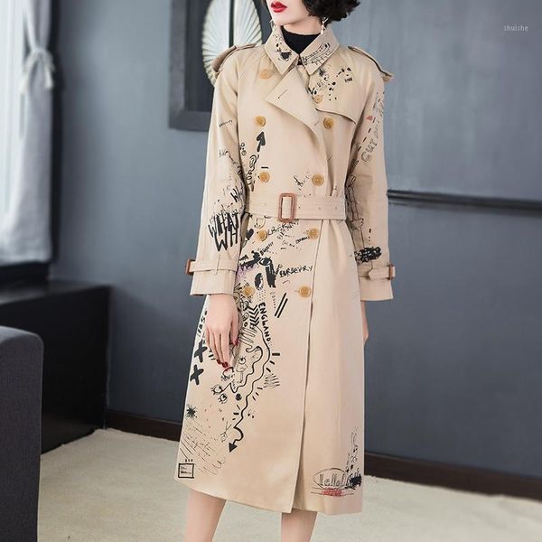 

fashion tide autumn new casual fashion women loose plus printing double-breasted lapel trench coat tc7191, Tan;black
