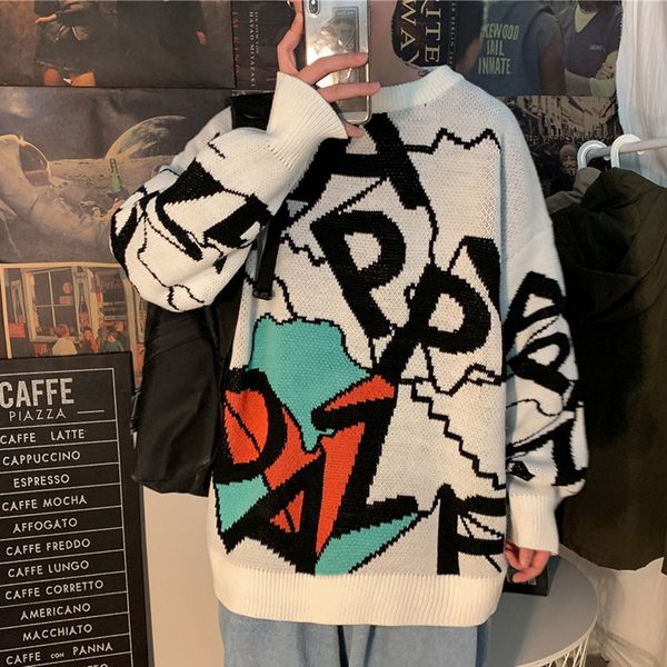 

2021 new fashion o-neck sweater men's hip hop print streetwear pull oversized -5xl long sleeves pullover for autumn spring winter 43dg, White;black