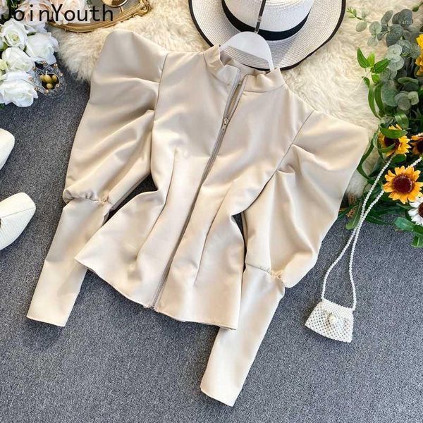 

joinyouth shirts women 2020 spring fashion blouse full solid retro ruffles puff sleeves zipper o neck clothing female 4161, White