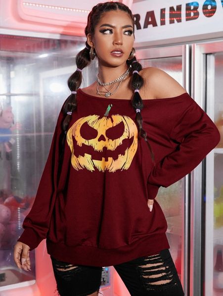 

plus halloween print asymmetrical neck sweatshirt 675y#, Black
