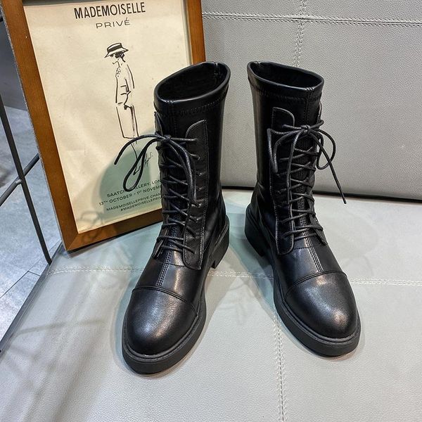 

boots mid women calf 2020 autumn female combat boots gothic shoes stretch leather winter women black warm plush sock