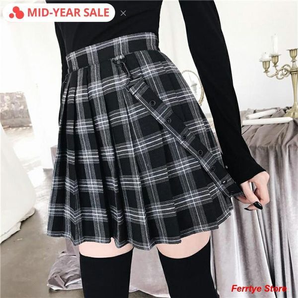 

imily bela gothic vintage plaid mini skirt women suspender strap pleated a-line skirts high waist casual plus size faldas y200704, Black