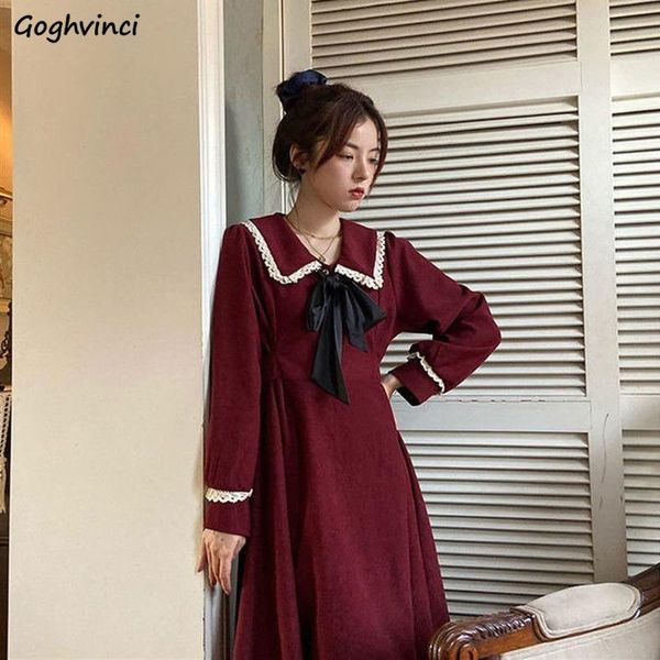 

women long sleeve dress solid lace vintage turn-down collar drawstring french style loose high waist elegant simple student chic, Black;gray