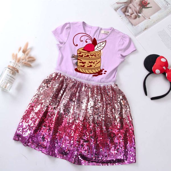 

2021 yile bear children's clothing summer girls cartoon princs baby sequin short sve skirt drs, Red;yellow