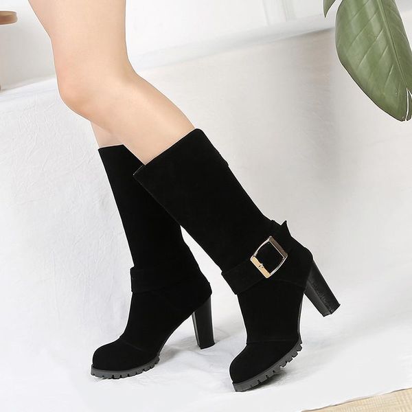 

ymechic 2020 fashion flock buckle block high heels riding hollow knight boots autumn ladies yellow black shoes big size footwear