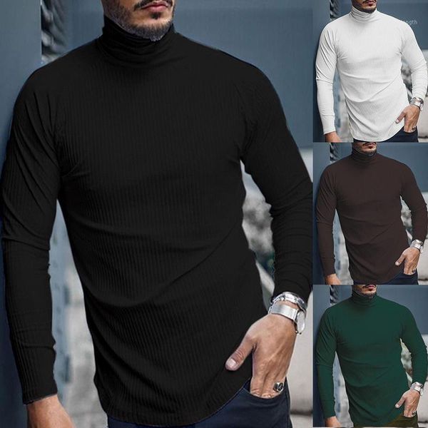 

2020 fashion and casual sweater for men's high-elastic pullover knitted solid color pit high-neck long sleeve t-shirt clothing1, White;black