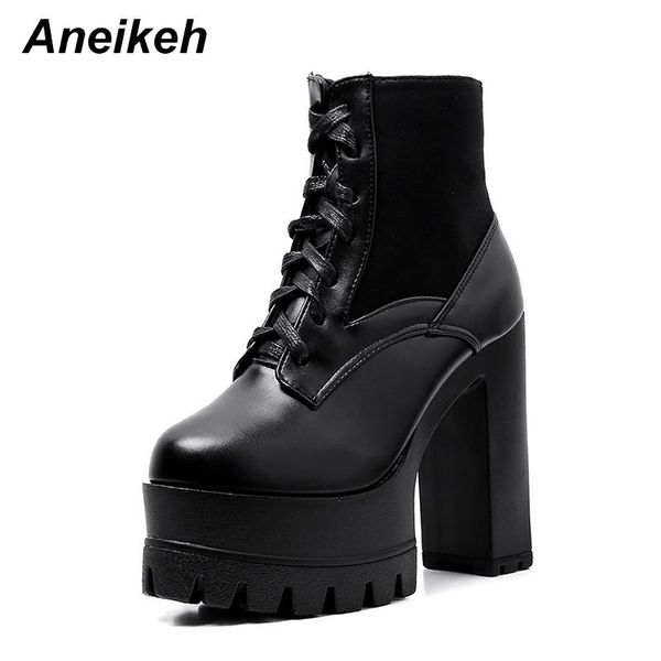 

boots aneikeh spring women shoes ankle riding equestrian pu elastic band cross-tied platform square heel round toe black size 35~39