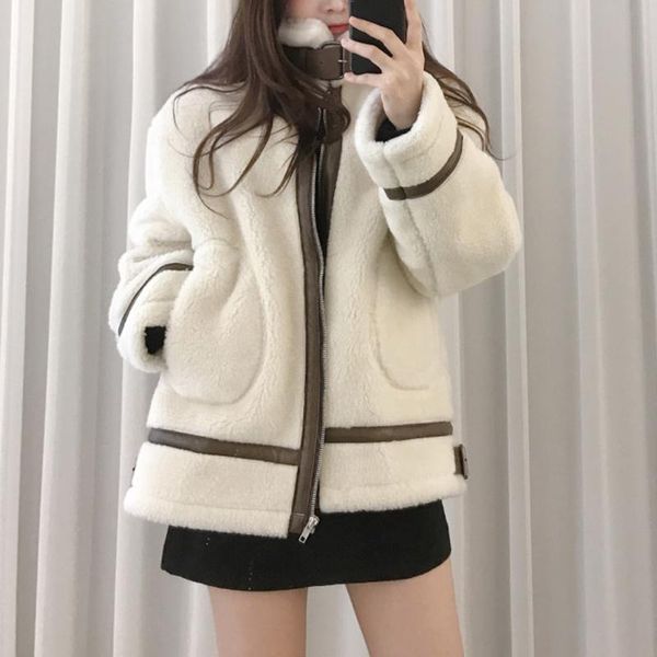 

2021 chic korean faux fur female lambs loose jacket coat winter thick black white solid warm elegant