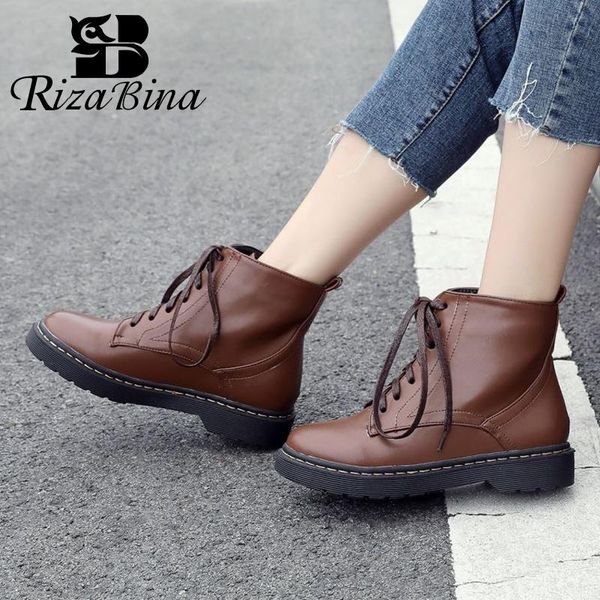 

rizabina women ankle boots shoes round toe flat heel lace up retro punk style shoes solid footwear new fashion boots size 34-43, Black