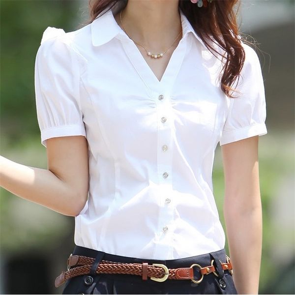 Plus Größe 5XL Sommer Damen Kurzarm Baumwolle Blusen Shirts Damen Büro Tragen Elegante Bluse Feminina Weißes Formales Hemd 220311