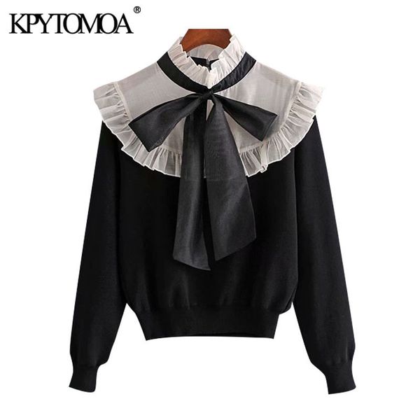 

kpytomoa women fashion organza patchwork ruffled knitted sweater vintage high collar bow tied female pullovers chic 201030, White;black