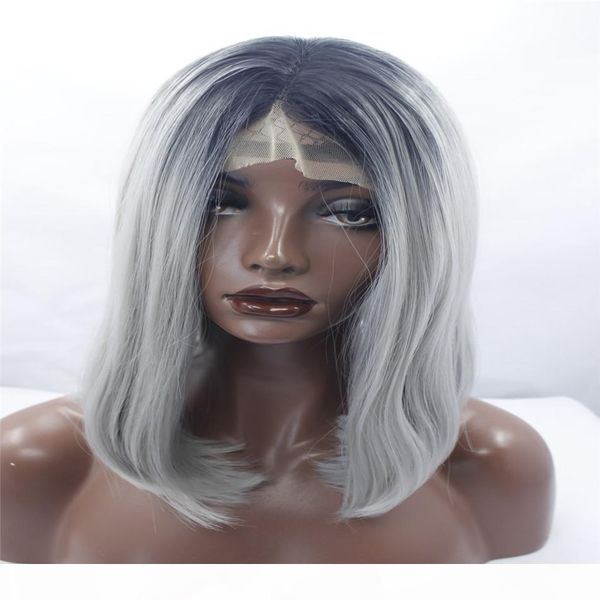 

lace front wigs sallyhair high temperature synthetic straight short ombre black silver grey color american african bob wigs hair black women, Black;brown