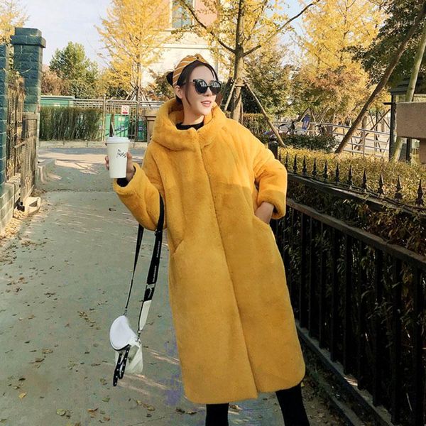 

faux fur hoodie long coat winter shaggy warm slim leather jacket luxury fashion plus size japan and korea streetweal1, Black