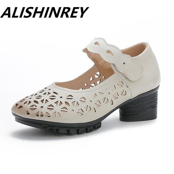

alishinrey 2020 summer new women sandals genuine leather comfortable mid heel women shoes hollow round toe sandals woman, Black