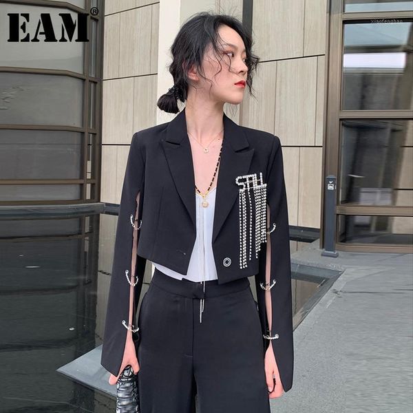 

eam] women black rhinestones tassels short blazer new lapel long sleeve loose fit jacket fashion spring autumn 2020 1z9541, White;black