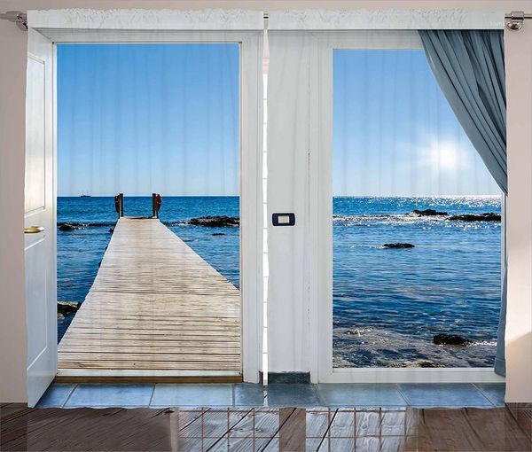 

beach theme decor curtains coastal decor ocean sea sunny scenery with patio from window living room bedroom window drapes1