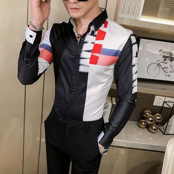 

korean autumn new men shirt fashion 2020 patchwork color long sleeve men casual shirts all match slim fit club tuxedo dress 3xl1, White;black