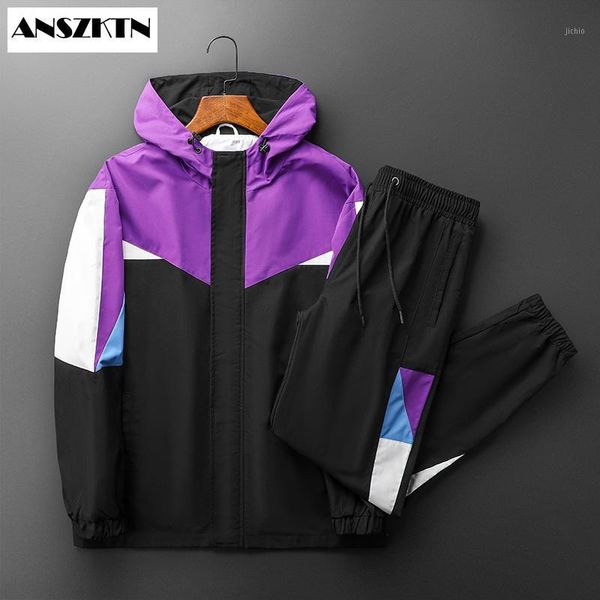

new men's casual fitness outdoor patchwork hoodied sweatshirt + sweatpants sports leisure zipper suit sports running hoodie set1, Gray