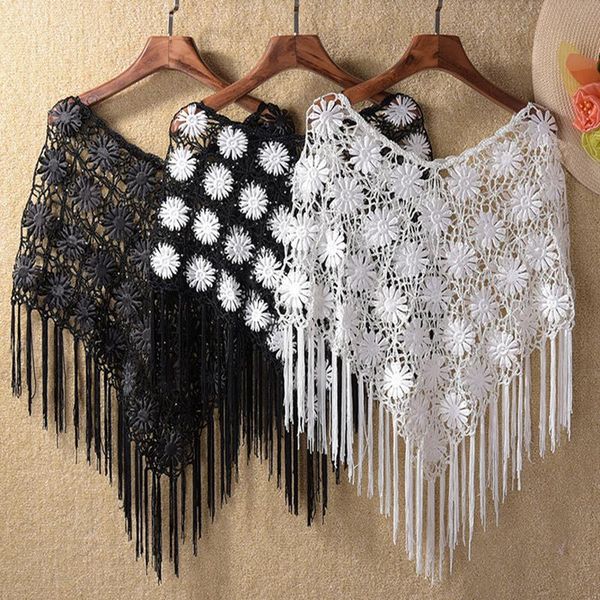 

scarves cover ups lace hook flower hollow out shawl capelet crochet tassel poncho sun protection cover-ups, Blue;gray