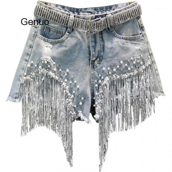 

denim shorts female 2020 summer new high waist was thin heavy industry beaded sequins tassels hole wide leg shorts r9901, White;black