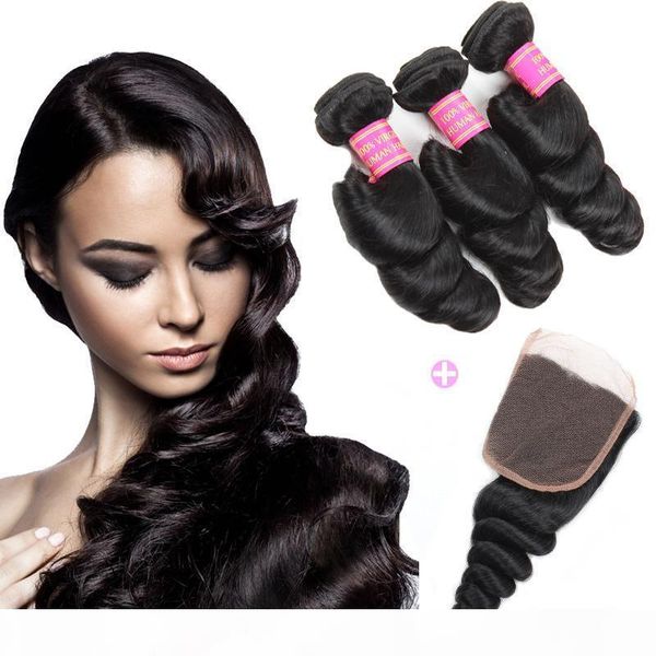 

8a peruvian loose wave 3 bundles with 4x4 lace closure unprocessed virgin human hair extensions middle three part wholesale price, Black