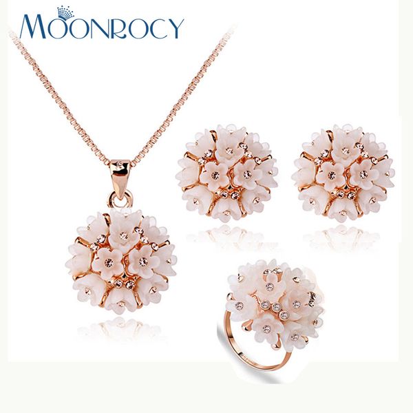 

moonrocy drop shipping rose gold color flower cute cz austrian crystal necklace earrings and ring jewelry set for girls women, Silver