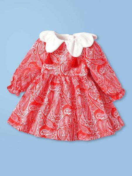 

baby paisley print contrast collar dress she, Red;yellow