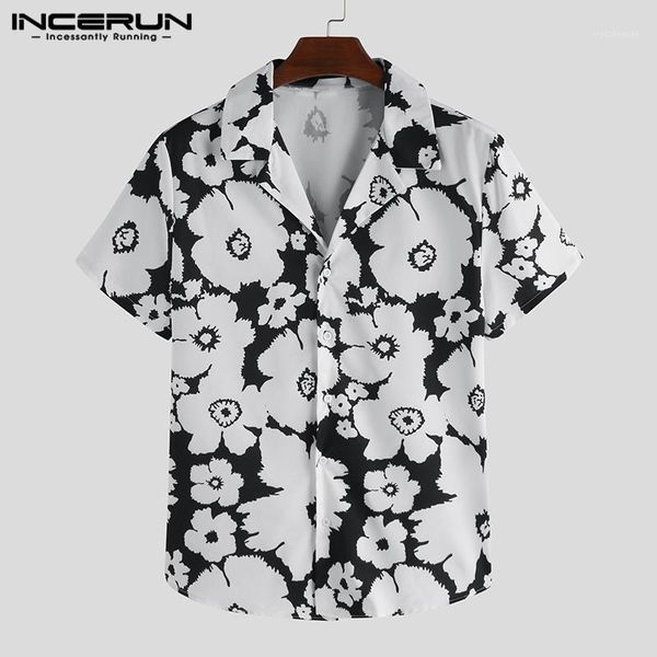 

fashion men hawaiian shirt short sleeve lapel 2020 streetwear floral print shirts men beach slim blouse casual chemise incerun1, White;black